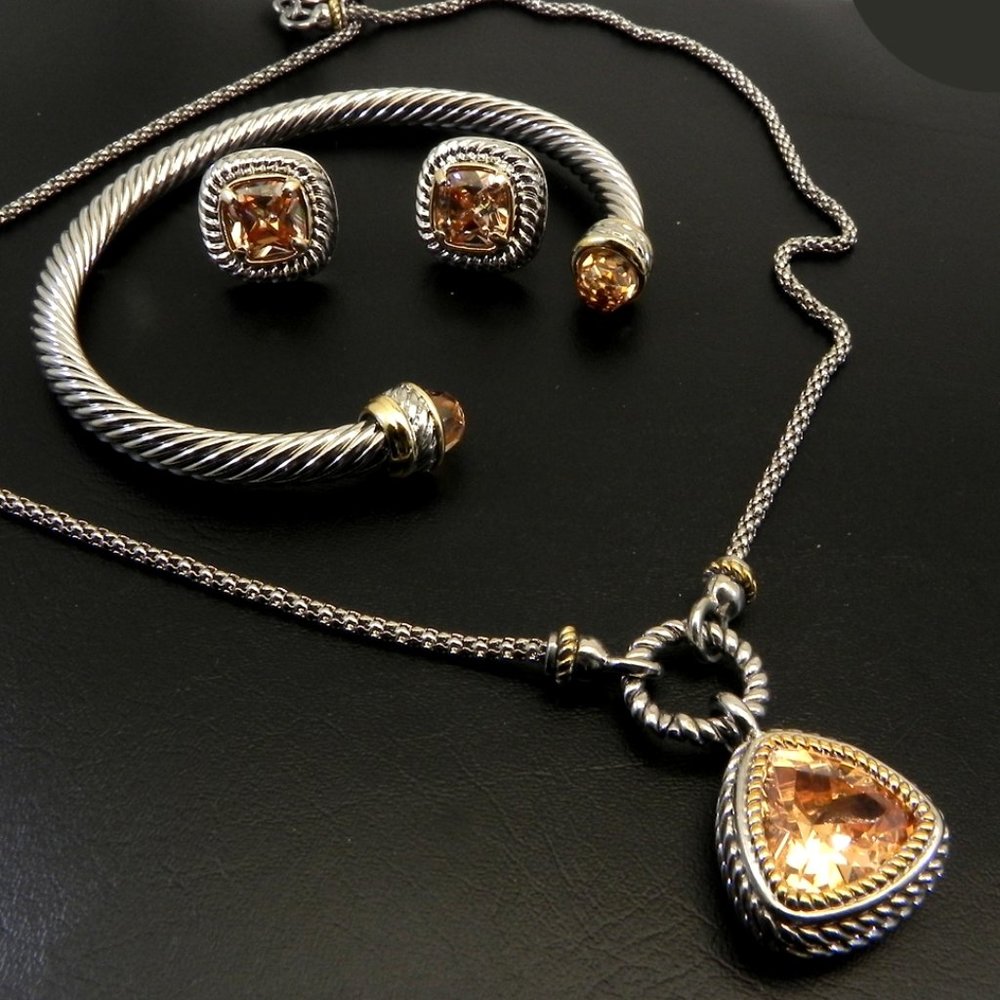 Designer 2Tone Topaz CZ Necklace-Bracelet--Earring